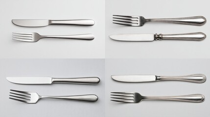 Four pairs of silverware, knives and forks, arranged in a grid pattern on a light gray surface.  Each set is presented in a flat lay, top-down view