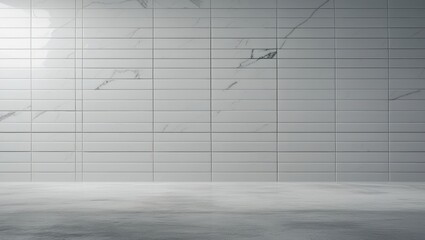 Obraz premium A minimalist, empty room, featuring a wall covered in horizontal white marble tiles, creating a clean and contemporary aesthetic.