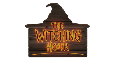 Witching hour neon wood sign on transparent background