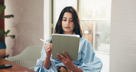 Tablet, reading and stylus with business woman in office for social media marketing, campaign and...
