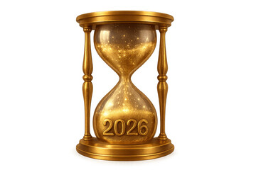 Golden hourglass showing year 2026 with falling golden sand on transparent background
