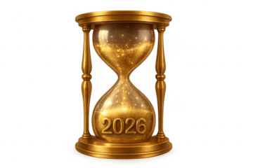 Golden hourglass showing year 2026 with falling golden sand on transparent background