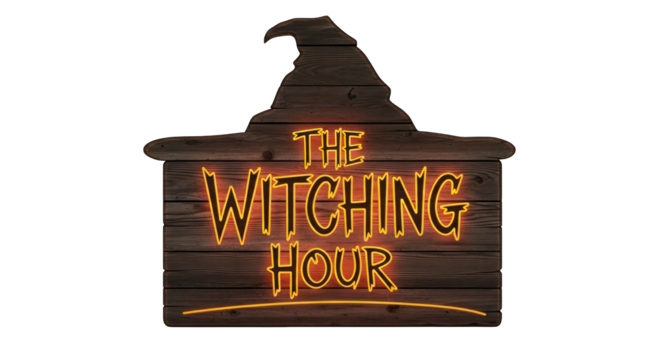 Witching hour neon wood sign on transparent background