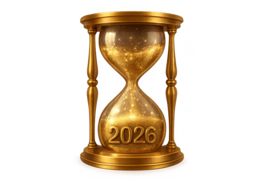 Golden hourglass showing year 2026 with falling golden sand on transparent background