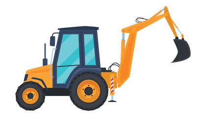 Yellow backhoe loader on a white background showcasing construction machinery in a vector design suitable for various applications