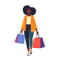 Stylish African Woman Shopping with Colorful Bags in White Background Wearing Yellow Blazer and Dark Pants with Playful Cartoon Style Vector Illustration