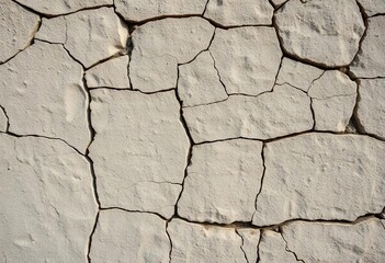 Obraz premium Rough, aged stone wall with deep cracks and weathered texture, detail, mortar