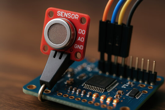 Engineering education innovation sensor module mounted microcontroller board with wiring and components conveying hands learning and creative