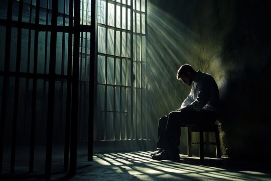 Sad man sitting in dark prison cell with sunlight through bars symbolizing loneliness punishment crime justice system and emotional despair behind confinement