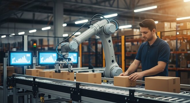 Man and robotic arm working together on a conveyor belt in a modern warehouse