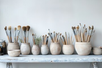 Minimalist studio shelf in pale blue tones, featuring handcrafted clay pots filled with slender trimming sticks and coarse-bristle brushes, arranged in organic symmetry