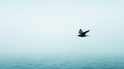 Naklejka premium Isolated bird flying high in empty pale sky, minimal negative space creating abstract serene atmosphere with clean modern background for typography use.