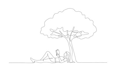 Relaxing Line Art of a Woman Reading a Book Under a Tree vector
