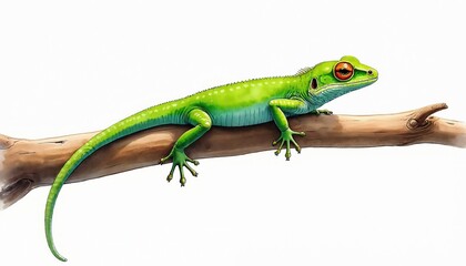 Fototapeta premium Watercolor illustration of vibrant green lizard perched on brown branch. Detailed artwork captures small reptile with bright orange eyes, textured skin, resting peacefully against clean white