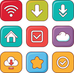 Colorful App Icons Set Featuring Wi-Fi, Downloads, Cloud, and More