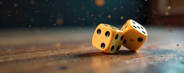 Close-up shot of a pair of six-sided dice rolling across a wooden surface, capturing the motion blur and the random outcome of the throw , casino, background, probability