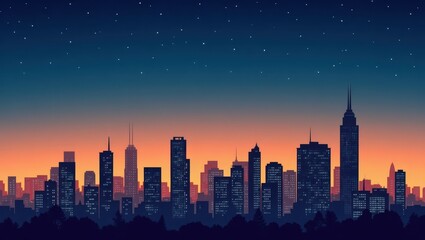 Fototapeta premium A stylized cityscape silhouette at twilight, showcasing a diverse range of buildings against a starry, orange and blue night sky. Low-light, minimalist aesthetic