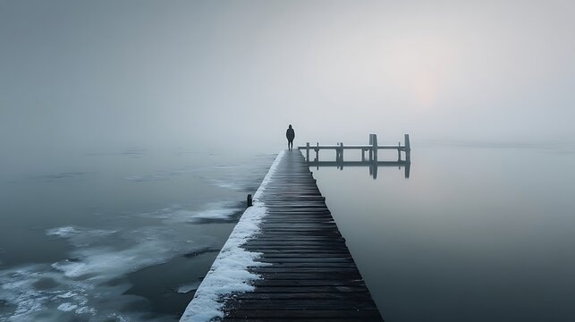 Minimal solitary figure standing at end of frozen pier into foggy lake, background fading to blank negative space, creating peaceful, meditative, and atmospheric scene for text placement.