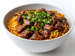 A bowl of cooked braised beef noodle instant noodles	