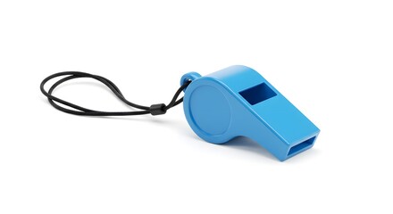 Vibrant Blue Plastic Whistle with Black Lanyard Isolated on White Background, Symbolizing Sports, Safety, and Attention Signaling