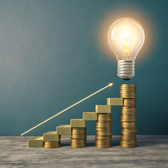 Glowing light bulb illuminates stacked coins representing financial growth and innovation