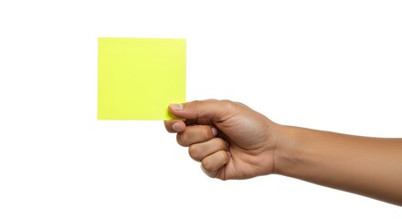 Obraz premium Human Hand Holding a Bright Yellow Blank Square Card, Isolated on White Background, Ready for Message or Warning
