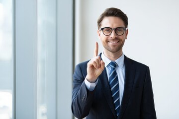 Smiling Businessman Pointing Up in Modern Office Setting