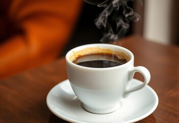 Fototapeta premium Steaming coffee in a white ceramic cup on a saucer, ceramic, coffee break