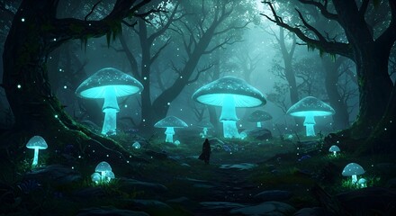 Magical Forest Path with Glowing Mushrooms and Ethereal Light