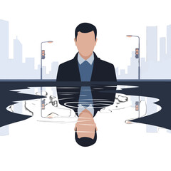 Abstract Silhouette of Man in Dark Suit Reflected in Water against City Skyline in Calm Blue and White Tones