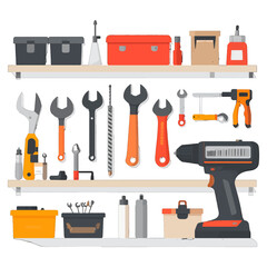 Workshop Scene Featuring Two Shelves Filled with Various Tools and Supplies in Orange and Gray on a White Background