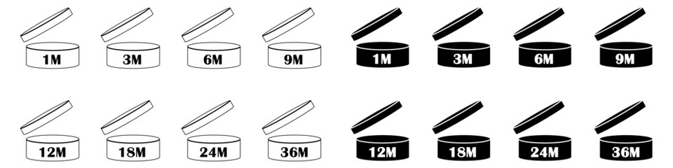 Set of PAO cosmetic expiry symbols vector form 1m to 36m. Ideal for skincare, beauty packaging, product labelling, and regulatory design needs.