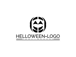 Happy halloween logo. Black pumpkin face logo with circular design and text HELOWENLOGOTAGLINEHERE Keywords: pumpkin, jack-o-lantern, face, halloween, spooky, scary, autumn, fall, harvest, holiday