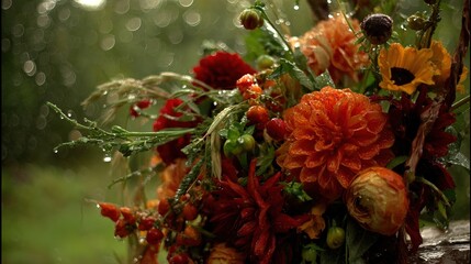 Fresh garden flowers glistening with morning dew, surrounded by soft natural light and greenery.