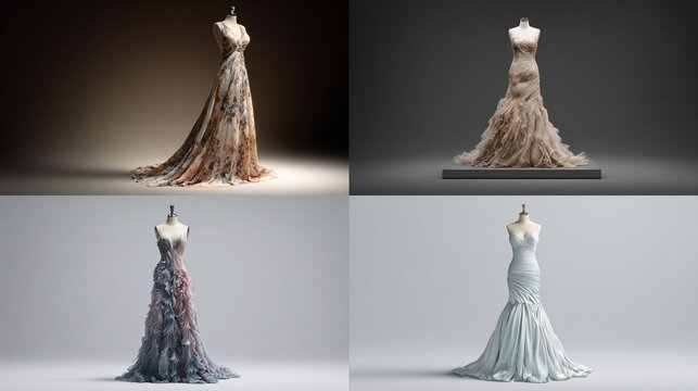 Four digitally rendered gowns, showcasing diverse prints and textures.  Each gown is on a mannequin, presented on a minimalist platform, against varying - Powered by Adobe