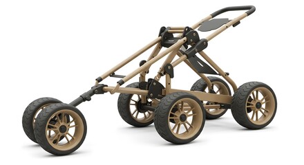 Fototapeta premium Robust All-Terrain Baby Stroller Frame in Tan with Large Wheels and Modern Design, Isolated Product Shot on White Background