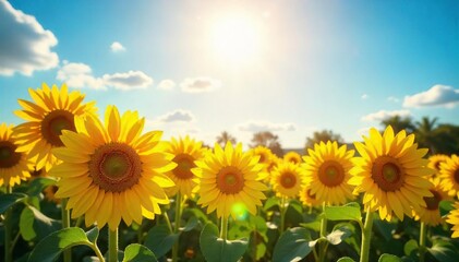 Fototapeta premium A vibrant sunburst illuminates a field of cheerful yellow sunflowers, radiating joy and summer optimism Perfect for themes of happiness, wellbeing, and positive energy , hope, meadow, sunshine