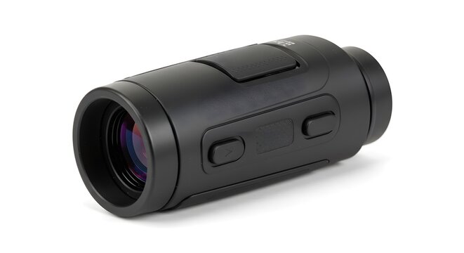 Modern Black Monocular Optical Device for Outdoor Observation and Surveillance Isolated on White Background