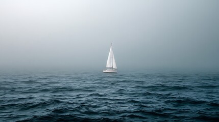 Obraz premium Minimalist white sailboat drifting on foggy sea, horizon fading into blank sky, composition emphasizing calm, solitude, and ethereal atmosphere, ideal for text placement or creative layout.
