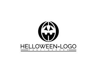 Happy halloween logo. Black circular logo with pumpkin face and text HELOWEN- LOGO and TAGLINEHERE on white background