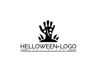 Fototapeta premium Happy halloween logo. Black Zombie Hand Emerging from Ground Logo with Halloween Text silhouette