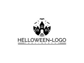 Happy halloween logo. Black Halloween logo with haunted house and bats on white background silhouette