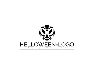 Happy halloween logo. Black abstract circular logo with stylized butterfly-like shapes and text HELOWEN- LOGO symbol