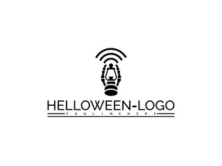 Happy halloween logo. Black and white logo of a lantern with radiating waves and text HELOWEN- LOGO halloween signal