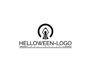 Happy halloween logo. Black and white logo with a figure holding a lantern within a circle and text halloween