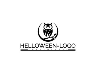 Black owl logo on a branch inside a circle on a white background Keywords: Halloween, logo, owl, bird, night, spooky, dark, symbol, icon, graphic, design, illustration, black and white, monochrome