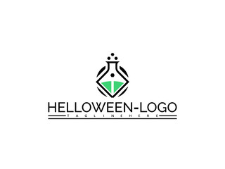 Halloween science beaker logo with potion inside on white background Keywords: halloween, logo, science, beaker, potion, liquid, experiment, spooky, scary, october, holiday, celebration, design