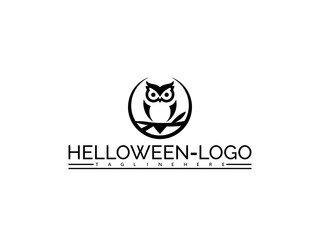 Black owl logo on a branch inside a circle on a white background Keywords: Halloween, logo, owl, bird, night, spooky, dark, symbol, icon, graphic, design, illustration, black and white, monochrome