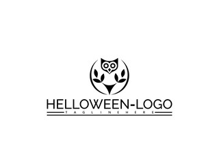 Happy halloween logo. Stylized owl logo with leaves and text HELOWEN- LOGO symbol icon