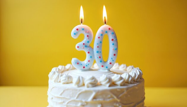 White birthday cake with lit candles forming number thirty. Celebrate milestone with festive dessert, featuring cream icing, decorative dots on candles. Perfect for anniversaries special parties.